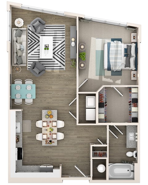 Floor plan for 1 bed, 1 bath, 864 sqft